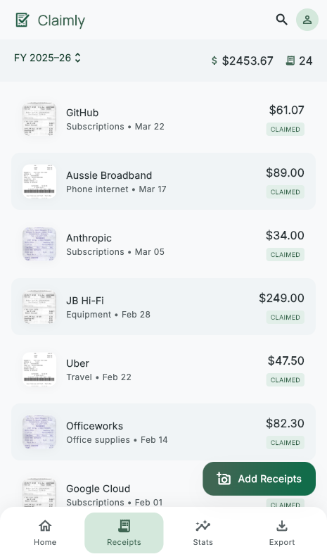 Receipt library showing a scrollable list of categorised receipts