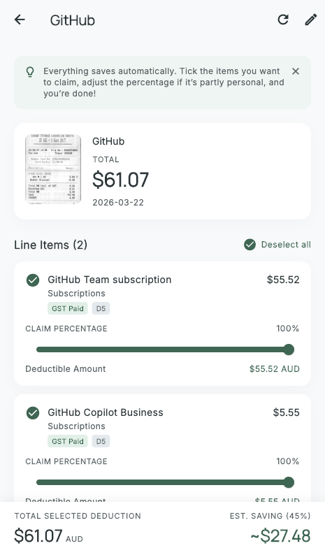 Receipt detail screen showing extracted merchant, date, total and GST